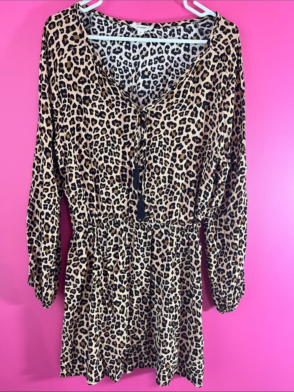 eesome Leopard Print Long-Sleeve Tie-Front Mini Dress - Brown/Black